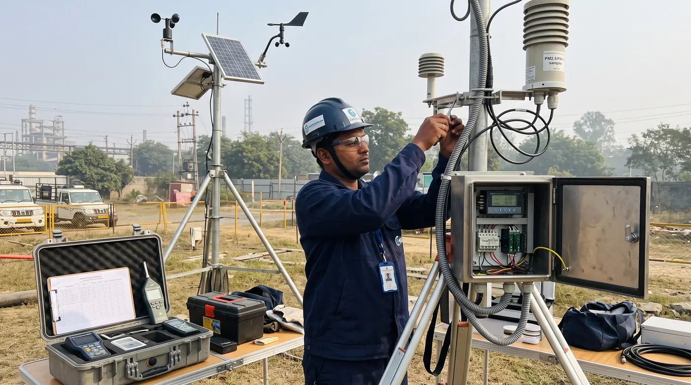 Greensphere engineer installing an ambient air monitoring station
